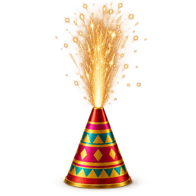 Colourful cone-shaped flower pot fountain with golden sparks